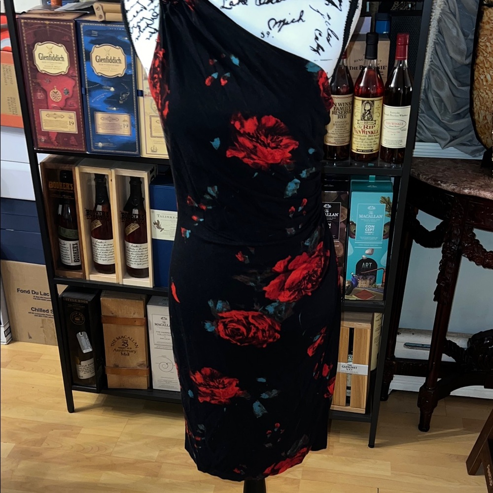 David Meister One Shoulder Black and Red Dress